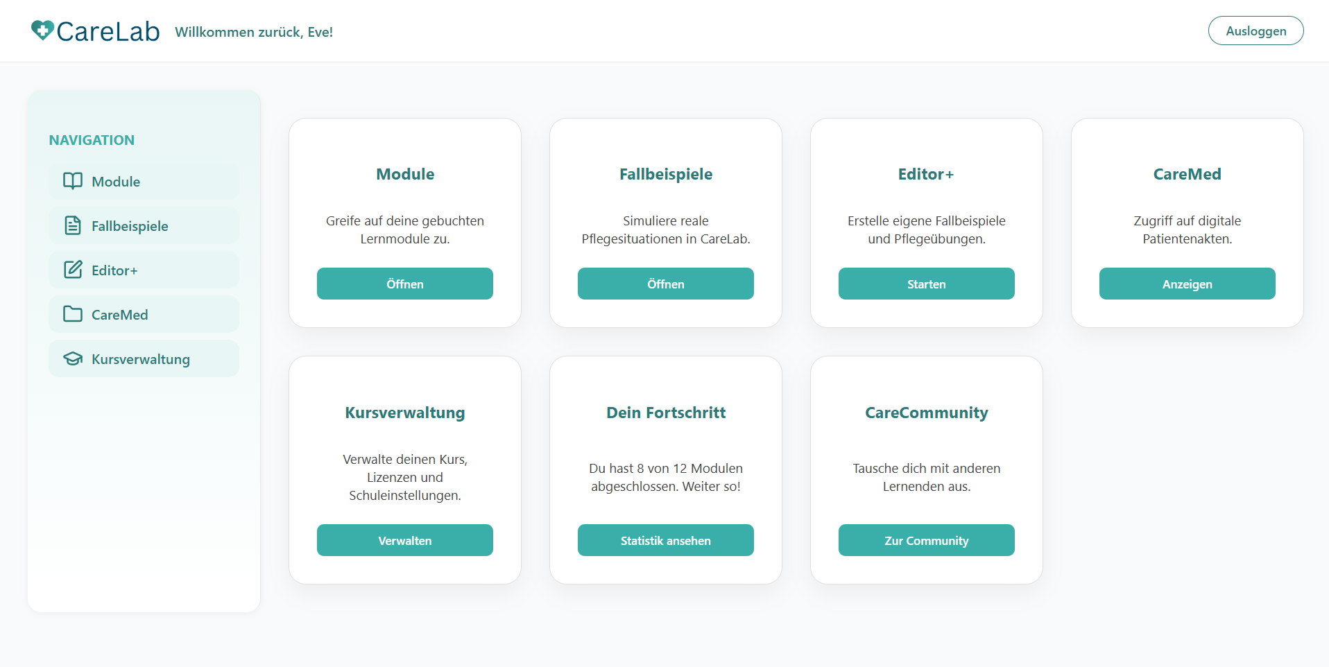 CareLab Dashboard mit Lernkarten und Fallansicht CareLab Vorschau